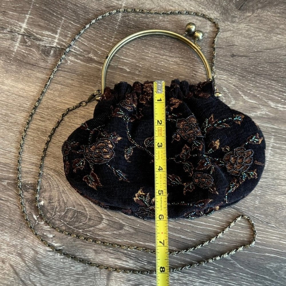 Brown and Black Velvet Purse with Beaded Details and Satin Lining. - Picture 6 of 8